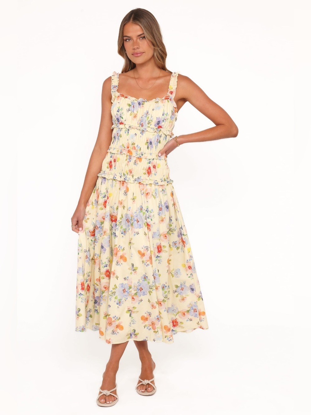 new Petal and Pup Enola Gather Midi Dress in yellow floral print